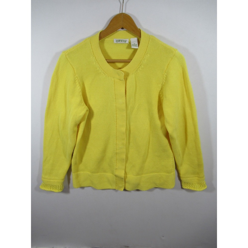 Orvis Cardigan Sweater Women Medium Yellow Cotton Classic Grandma